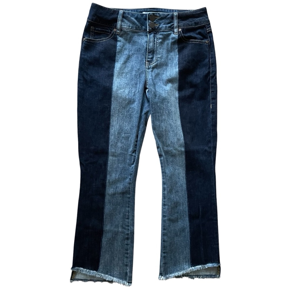 LAST CALL Cabi Hi-Low Crop Jeans Women’s Size 8 Raw Hem Blue Ribbon Wash